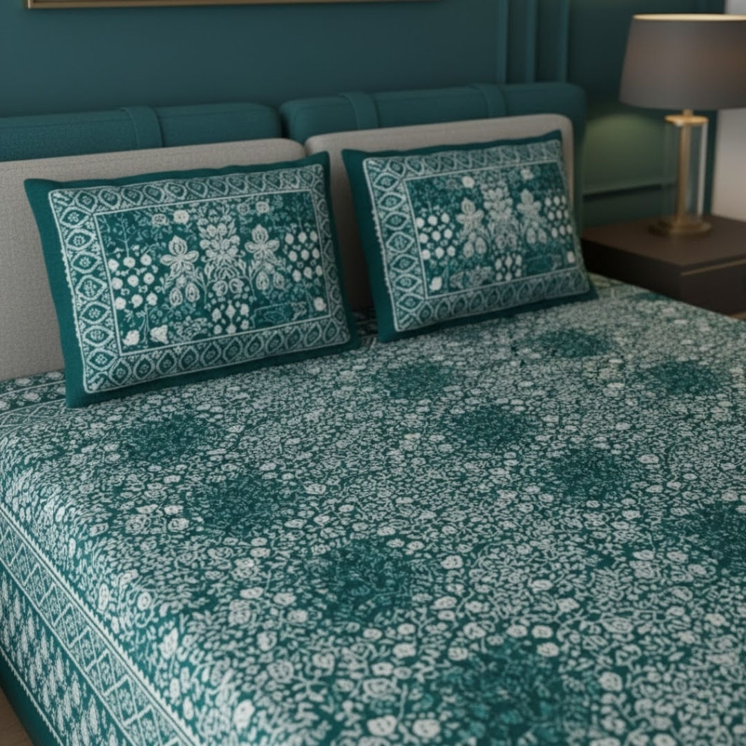 Green Conic Dabu Print Jaipuri Double Bedsheet